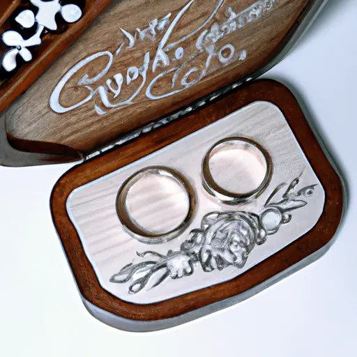 An image of a beautifully designed wooden box, adorned with intricate engravings, containing a pair of personalized silver rings nestled on a bed of velvet, symbolizing the eternal bond of love and celebrating a couple's engagement