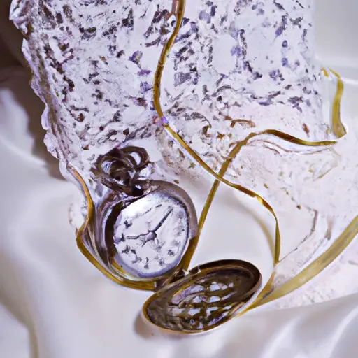 An image that showcases a beautifully wrapped antique pocket watch, delicately nestled in a bed of vintage lace and adorned with a satin ribbon, evoking the sentimental charm of passing down family heirlooms as engagement gifts