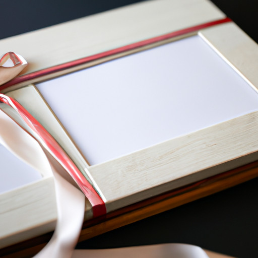 An image showcasing a beautifully wrapped package adorned with a delicate ribbon, containing a personalized photo album filled with cherished memories, symbolizing the perfect engagement gift to evoke warmth and nostalgia