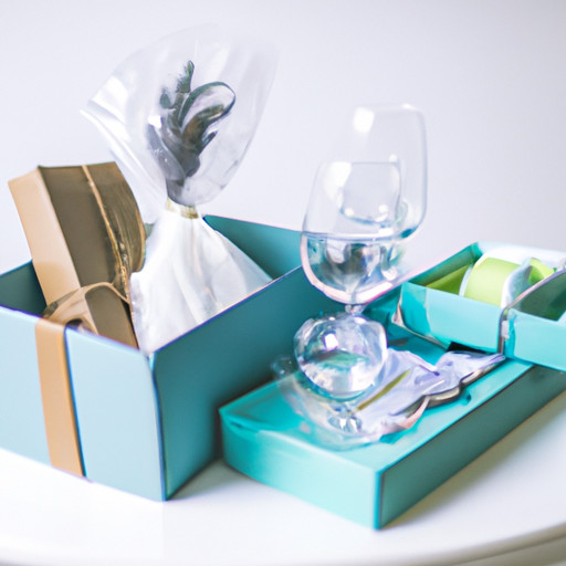 An image featuring a beautifully wrapped box filled with practical and useful engagement gifts, such as kitchen essentials, personalized stationery, and elegant wine glasses, ready to be sent by mail