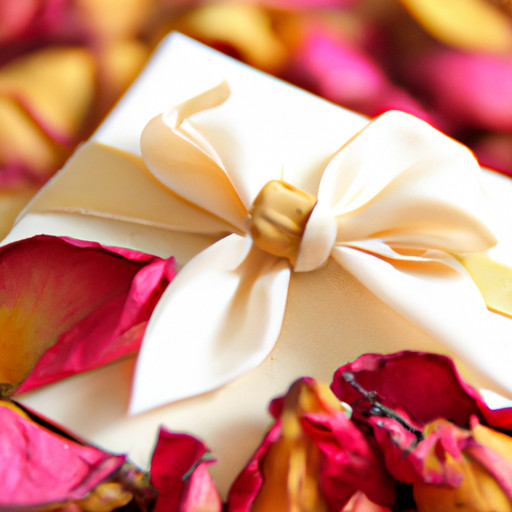 An image showcasing a beautifully wrapped package with a delicate satin bow, nestled among fragrant rose petals