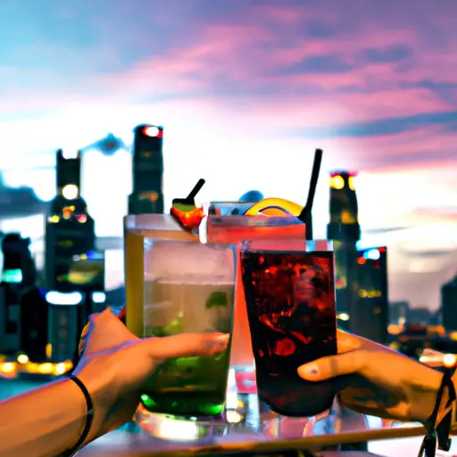An image of a vibrant cityscape at dusk, with friends gathered around a cozy rooftop bar, clinking glasses and engaging in animated conversations