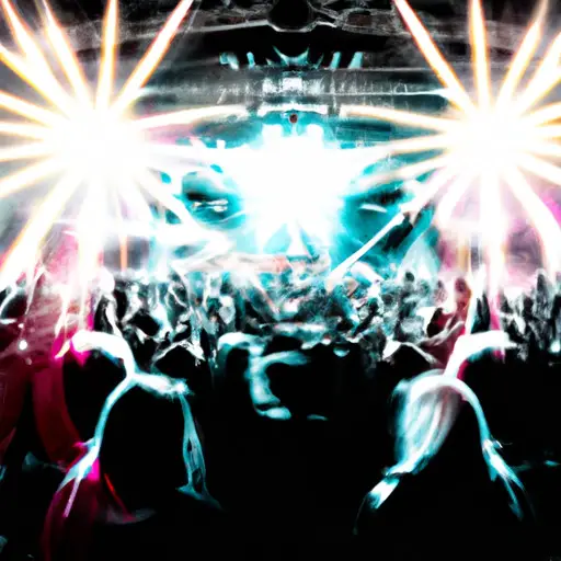 An image of a lively concert venue, illuminated by vibrant stage lights, where a diverse crowd is dancing euphorically, capturing the exhilarating atmosphere of live events