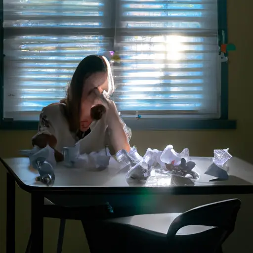 An image depicting a person sitting at a desk, surrounded by crumpled pieces of paper