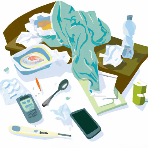 An image of a disheveled bed with crumpled tissues, a thermometer, and empty medicine bottles strewn across the bedside table