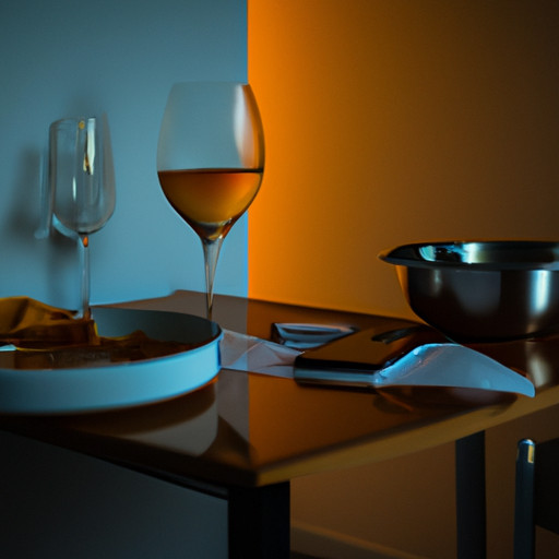 An image showcasing a dimly lit room with a disheveled dinner table, a half-empty wine glass, and a forgotten phone, conveying a sense of urgency and tension for a blog post about fake excuses to escape a date due to fabricated family emergencies