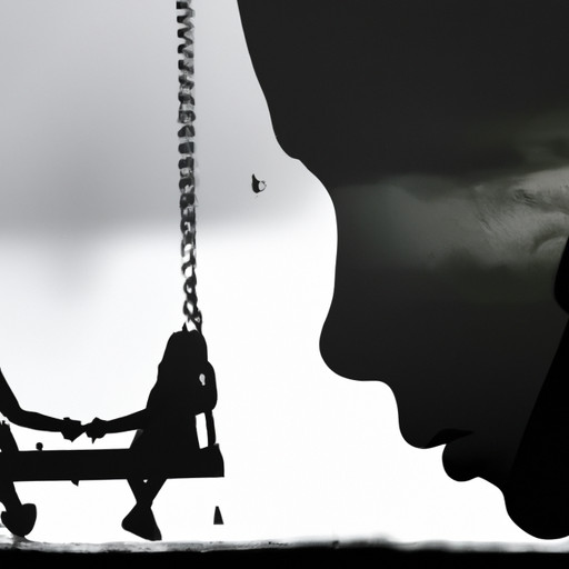 An image of a young child sitting alone on a swing, tears streaming down their face, while their father's silhouette slowly fades away in the background, symbolizing the profound emotional impact of father-child separation
