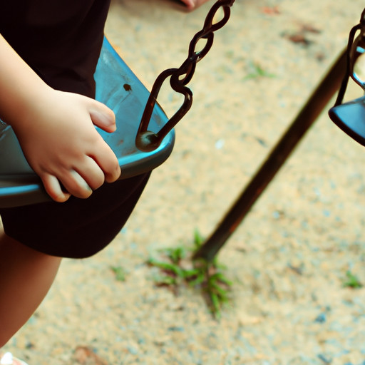 An image of a young child sitting alone on a swing, looking downcast, with their hand gripping the empty swing beside them, evoking the profound impact of father-child separation on children's behavior