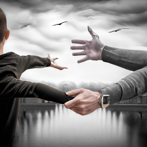 An image showing a father and child standing on opposite sides of a bridge, reaching out towards each other with outstretched arms