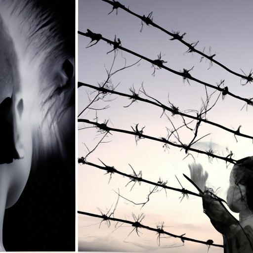 An image depicting a young child standing alone, their tear-stained face turned towards a barbed wire fence