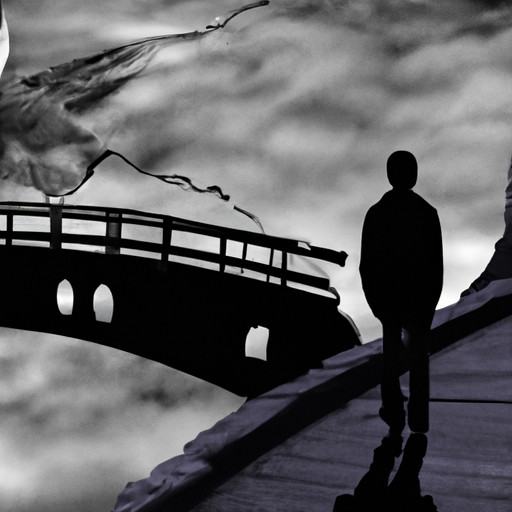 An image depicting a person standing alone on a crumbling bridge, hesitating to cross, while a shadowy figure lurks behind them, symbolizing the fearful avoidant attachment style and the fear of emotional intimacy