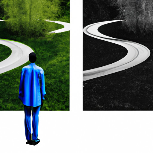An image capturing the essence of overcoming a fearful avoidant rebound: a solitary figure standing at a forked road, one path leading towards emotional growth and the other towards fear and avoidance