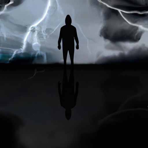 An image featuring a silhouette of a person standing tall and confidently amidst a storm, surrounded by dark clouds and lightning