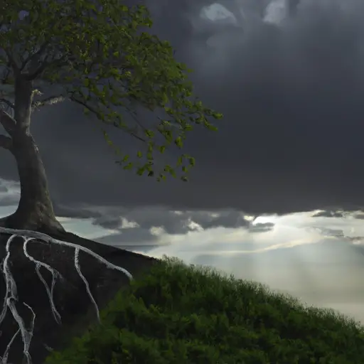 An image featuring a solitary tree on a stormy horizon, its roots firmly anchored in the ground