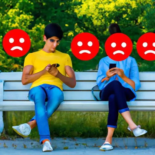 An image showcasing a couple sitting on a park bench, with one partner texting emojis while the other looks visibly upset, emphasizing the importance of recognizing emojis as potential red flags in relationships