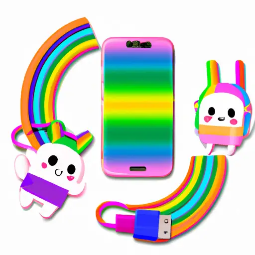 An image featuring a vibrant, rainbow-colored smartphone case adorned with cute, cartoon-like characters holding hands, surrounded by whimsical gadgets like a quirky unicorn-shaped Bluetooth speaker and a rainbow-striped charging cable