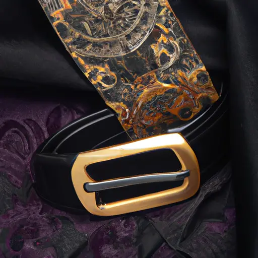 An image showcasing a sleek black leather belt with a gold-plated buckle, elegantly paired with a vibrant paisley silk pocket square, nestled in the pocket of a tailored blazer