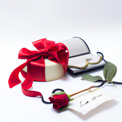 An image showcasing a luxurious jewelry box, delicately wrapped in silk ribbon, revealing an elegant necklace, a handwritten love letter tucked beneath it, and a single red rose resting nearby