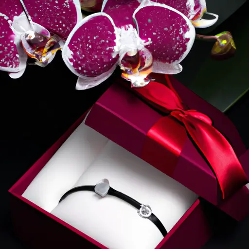 An image depicting an elegantly wrapped, diamond-studded bracelet nestled in a red velvet box, accompanied by a bouquet of rare orchids, as a perfect embodiment of opulent surprises for your side chick