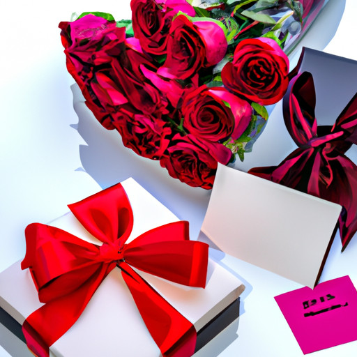 An image showcasing a beautifully wrapped gift box adorned with elegant ribbon and a discreet note, placed beside a bouquet of red roses