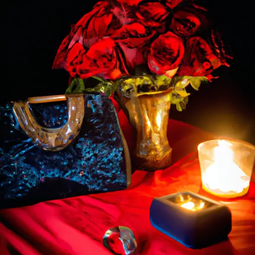 An image showcasing a vibrant bouquet of red roses, sparkling jewelry box, and a sleek designer handbag, elegantly arranged on a velvet tablecloth with candlelight flickering in the background