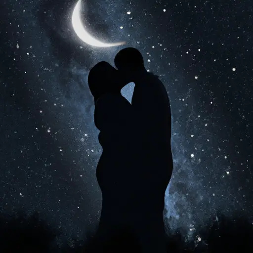 An image of a couple embracing under a starry sky, with a gentle moonlit glow illuminating their loving goodnight kiss