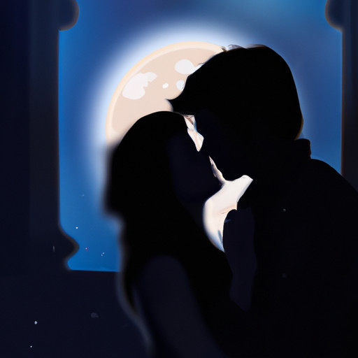 An image that captures the tender moment of a couple's goodnight kiss: dimly lit room, soft moonlight streaming through lace curtains, shadows dancing on the wall, as their lips meet in a gentle, loving embrace