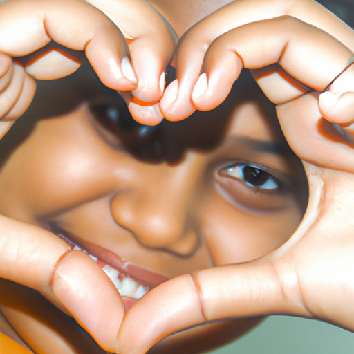 A captivating image of a girl with her hand forming a heart shape, displaying affection and love