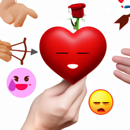 An image showcasing a man's hand holding a red heart emoji, while surrounded by various symbols associated with love and affection such as roses, Cupid's arrow, and a couple holding hands