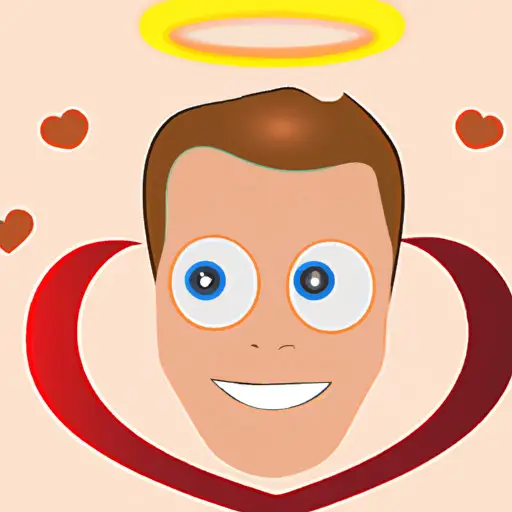 An image showcasing a man with wide eyes, blushing cheeks, and a heart-shaped halo hovering above his head