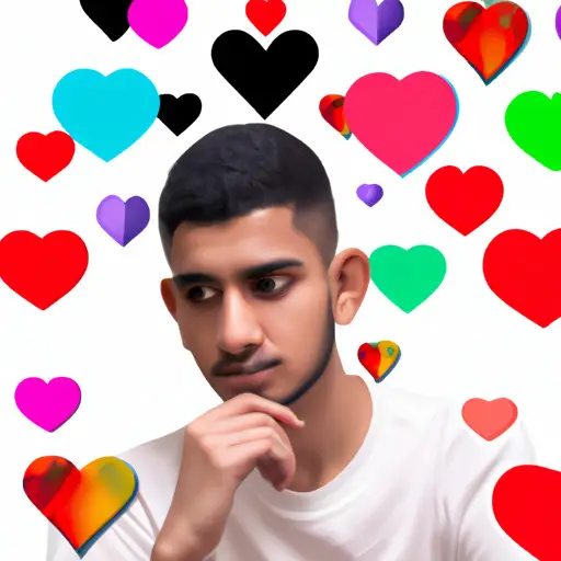 An image of a young man surrounded by a variety of heart emojis, each with a distinct color and pattern, symbolizing his diverse emotions