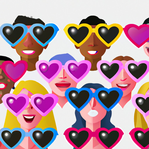 An image showcasing a diverse group of people from various cultures and backgrounds, all wearing heart-shaped sunglasses with heart eyes