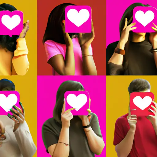 An image showcasing a collage of diverse people from different backgrounds smiling and blushing while looking at their smartphones, each screen displaying the heart eyes emoji
