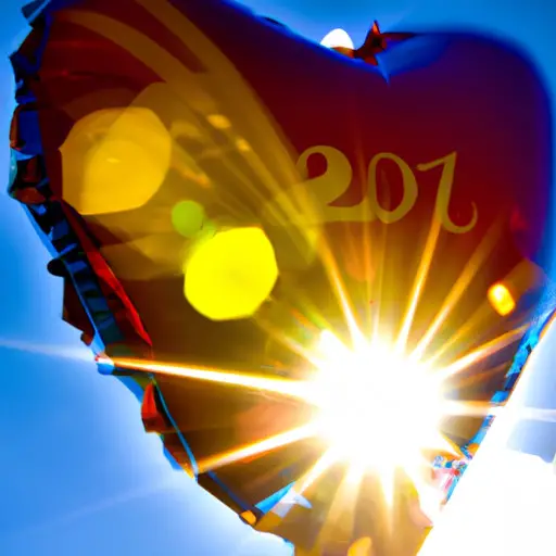 A vibrant image featuring a heart-shaped balloon floating against a cloudless blue sky, with rays of golden sunlight gleaming through, casting a warm glow on a pair of eyes sparkling with love and admiration