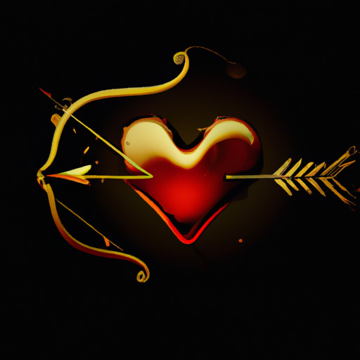 An image featuring a delicate, crimson heart pierced by a golden arrow
