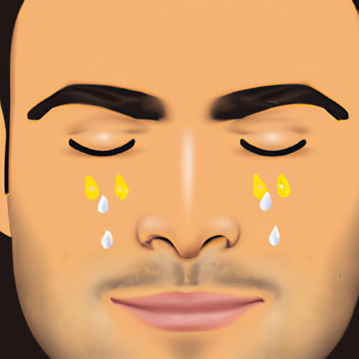 An image capturing a man's face with flushed cheeks, sweat droplets, and a subtle grin, conveying the masculine interpretation of the hot face emoji