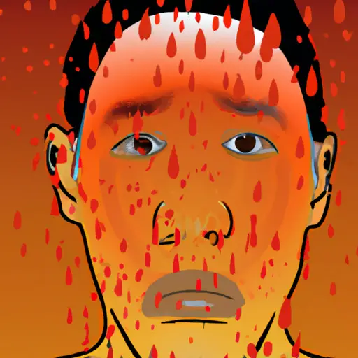 An image depicting a man's face flushed with intense heat, beads of sweat dripping down his forehead and a red hue spreading across his cheeks, capturing the cultural implications of the hot face emoji for men