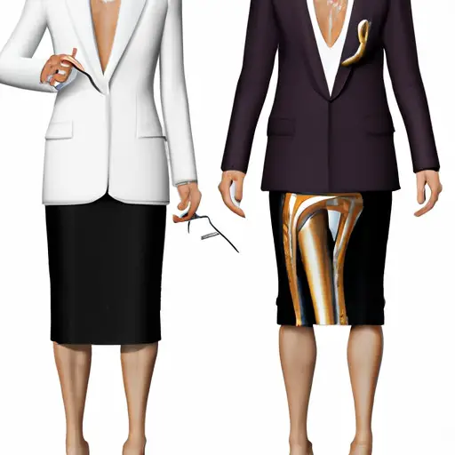 An image that showcases a sophisticated Capricorn man's ideal woman's attire: a tailored black blazer, crisp white blouse, sleek pencil skirt, polished heels, accessorized with delicate gold jewelry, exuding confidence and elegance