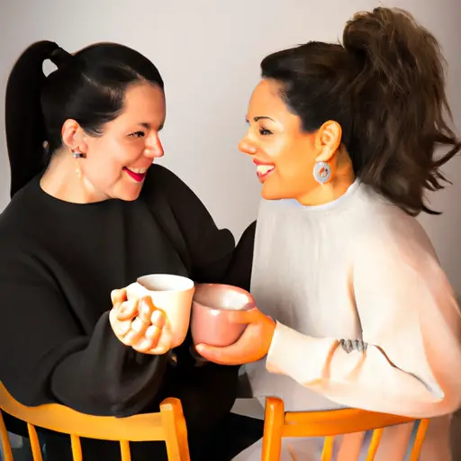 An image showcasing two women engaged in a heartfelt conversation over a cup of coffee, smiles lighting up their faces
