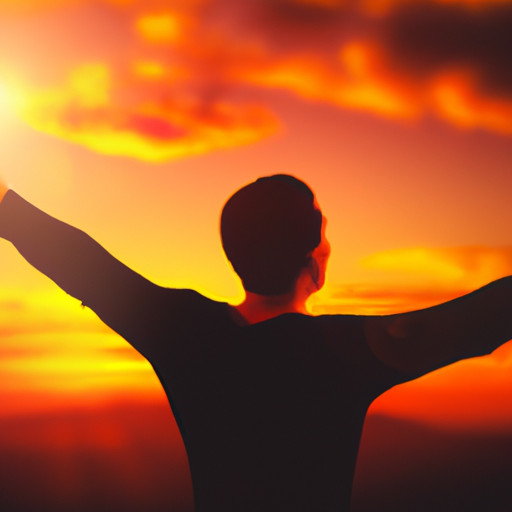 An image of a person standing in front of a vibrant sunset, with a genuine smile and open arms, expressing gratitude for a compliment