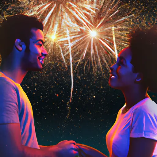 An image showcasing: two people locked in an intense gaze, their eyes sparkling with excitement; their hands gently touching, fingers intertwining; a vibrant backdrop of fireworks illuminating the night sky; and a subtle smile gracing both of their faces