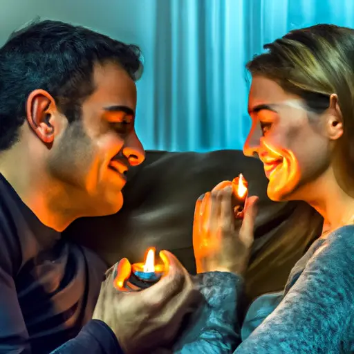 An image of a couple sitting side by side on a cozy sofa, bathed in warm candlelight