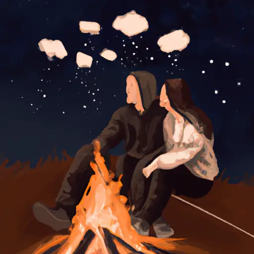 An image of a loving couple sitting under a starlit sky, mesmerized by a crackling bonfire
