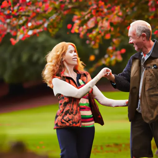 An image featuring a young couple hand-in-hand, strolling through a vibrant autumn park