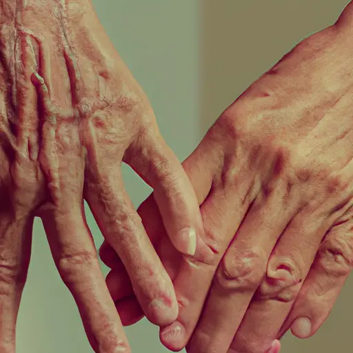 An image of two hands, one youthful and one aged, interlocking fingers