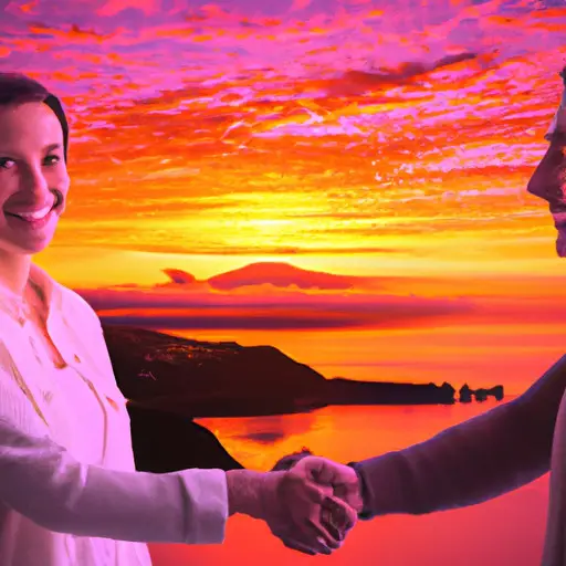 An image capturing the joyous expressions of a happily married couple, standing hand in hand against a picturesque sunset backdrop