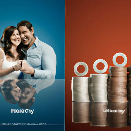 An image featuring a split-screen comparison: on one side, a stack of coins representing the cost of an Eharmony subscription, and on the other side, a couple happily engaged, symbolizing the potential value and long-term happiness that can result from investing in Eharmony