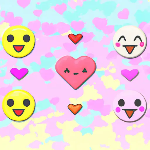 An image showcasing a vibrant mix of heart, kiss, and smiley face emojis floating in a whimsical, pastel-colored background, symbolizing the modern and playful way of expressing love through emojis