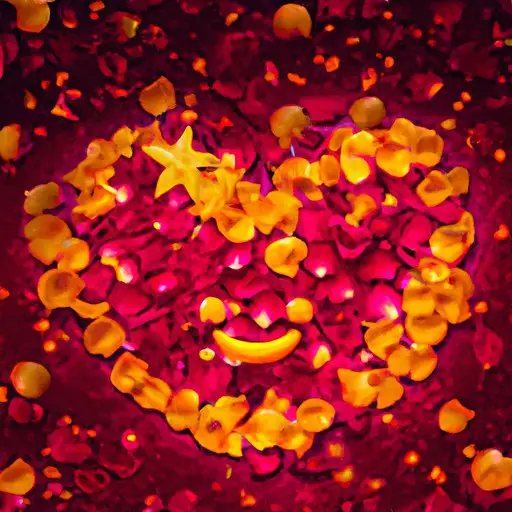 An image capturing a heart-shaped emoji floating in a sea of vibrant rose petals, surrounded by a trail of sparkling stars
