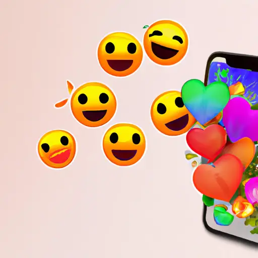 An image showcasing a vibrant heart-shaped emoji bouquet, with a variety of emoticons expressing love and affection, floating above a smartphone screen displaying a romantic chat conversation filled with emoji love messages